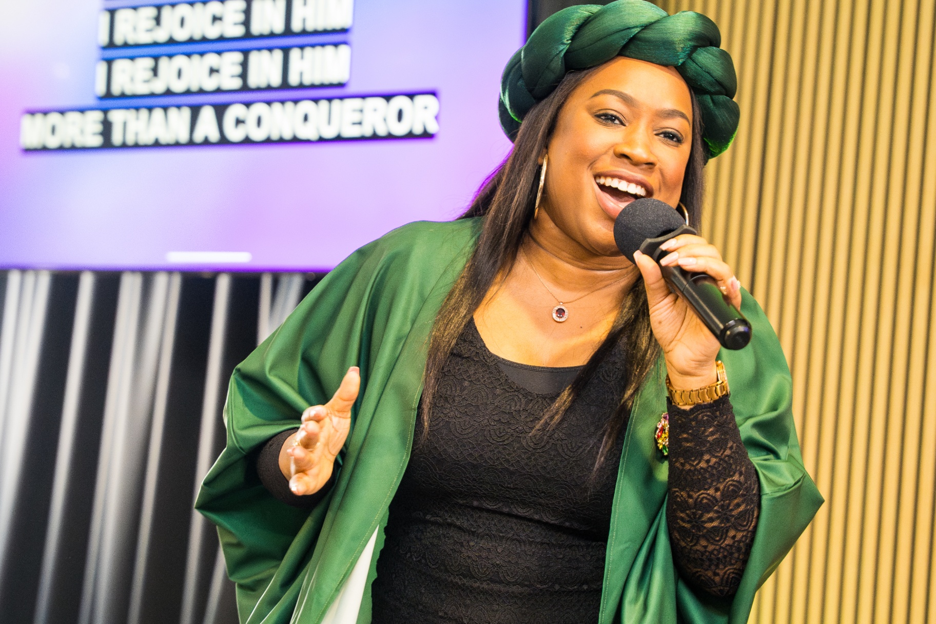 Worship leader singing with joy